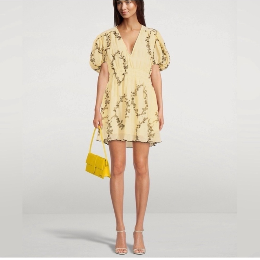 Nwot Ganni Pale Yellow Floral Pleated Georgette Mini Dress - Picture 1 of 3